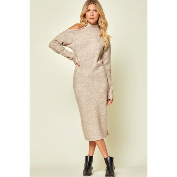 Oyster Cold Shoulder Knit Midi Sweater Stretchy Dress - Picture 4 of 6